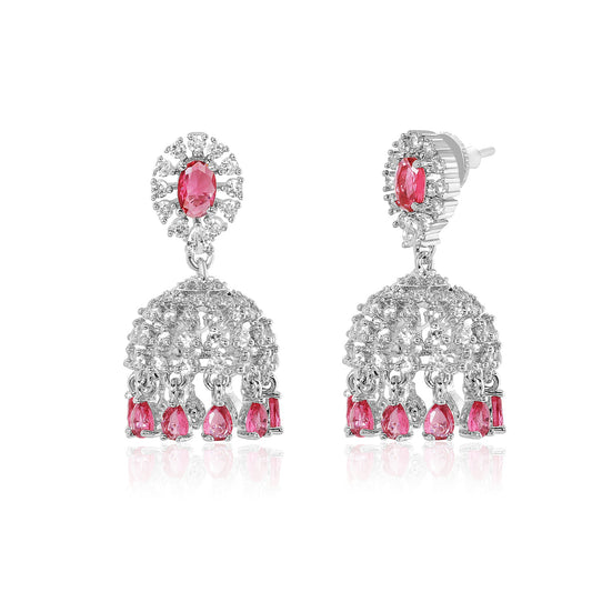 Silver earrings with pink gemstones on a white background