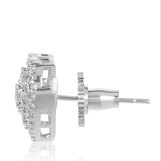 Heart-shaped silver earrings with clear gemstones on a white background