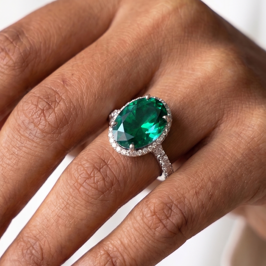 Emerald Green Oval Diamond Ring - Silver
