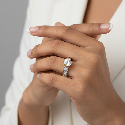 Sleek Band and Solitaire Ring - Gold (2 Tone) - 1 CT