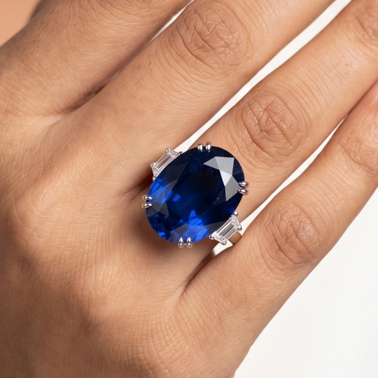 Sapphire Blue Oval Diamond Ring - (Silver-Big)