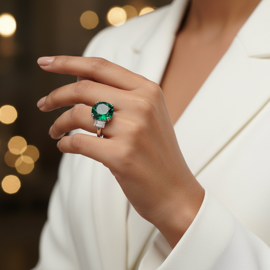 Silver ring with a green gemstone on a white background