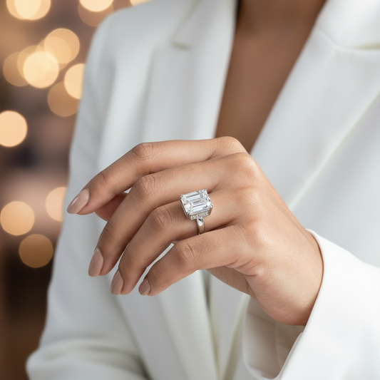 Person wearing a diamond ring in an office setting