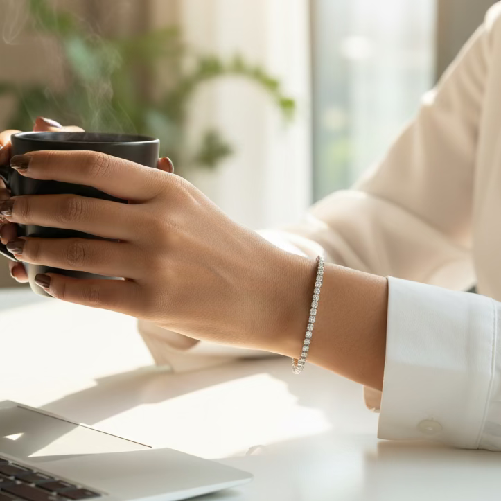 Hand wearing a bracelet on a purple fabric background