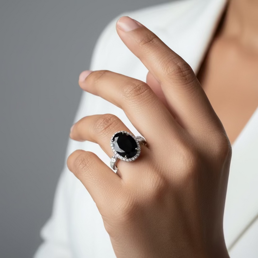 Hand wearing a ring with a green gemstone on a red fabric background