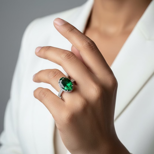 Hand wearing a ring with a green gemstone against a neutral background