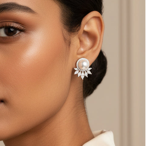 Safa Stud Earrings - Silver & Pearl