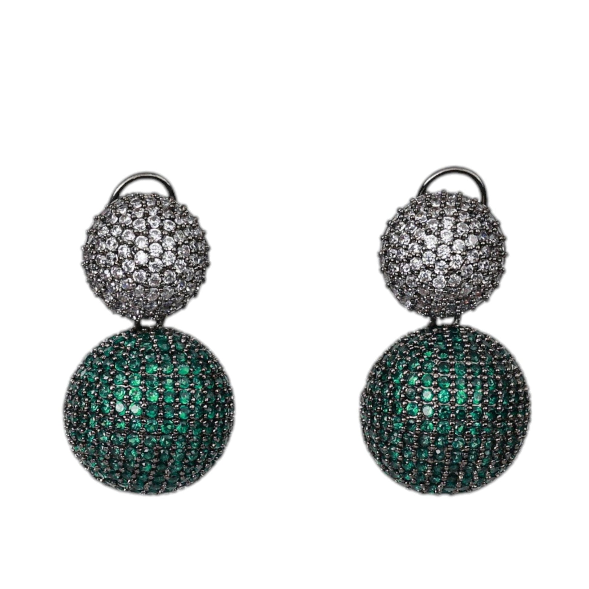 Pair of earrings with green and black gemstones on a white background
