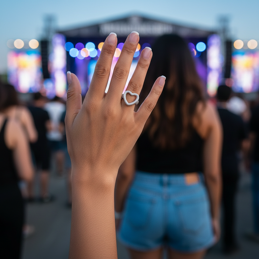 Hand wearing a heart-shaped ring with a blurred concert background