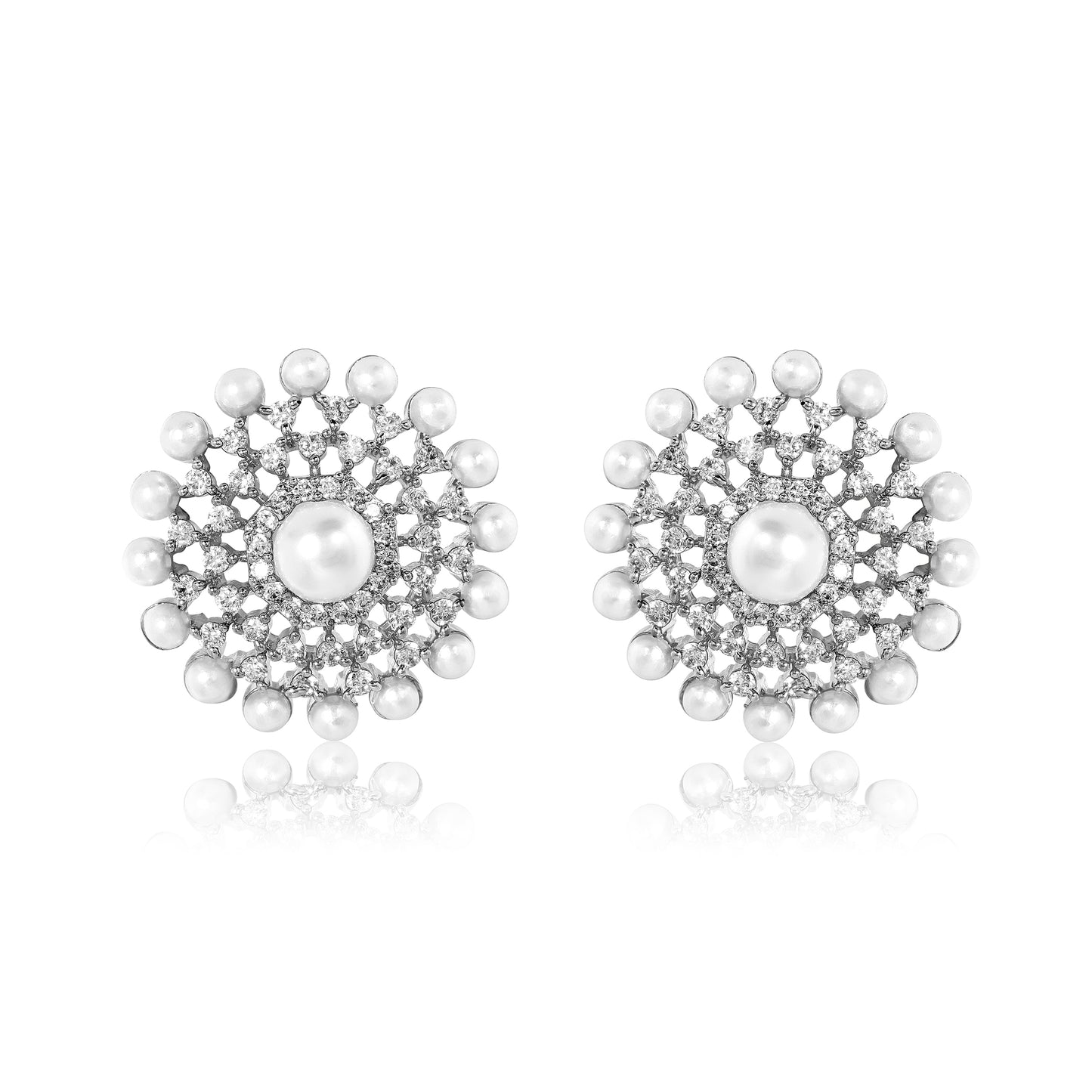 Noura Stud Earrings - Silver & Pearl