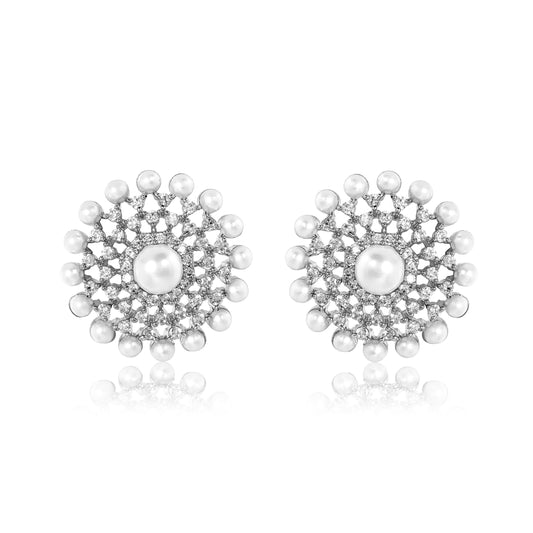 Noura Stud Earrings - Silver & Pearl