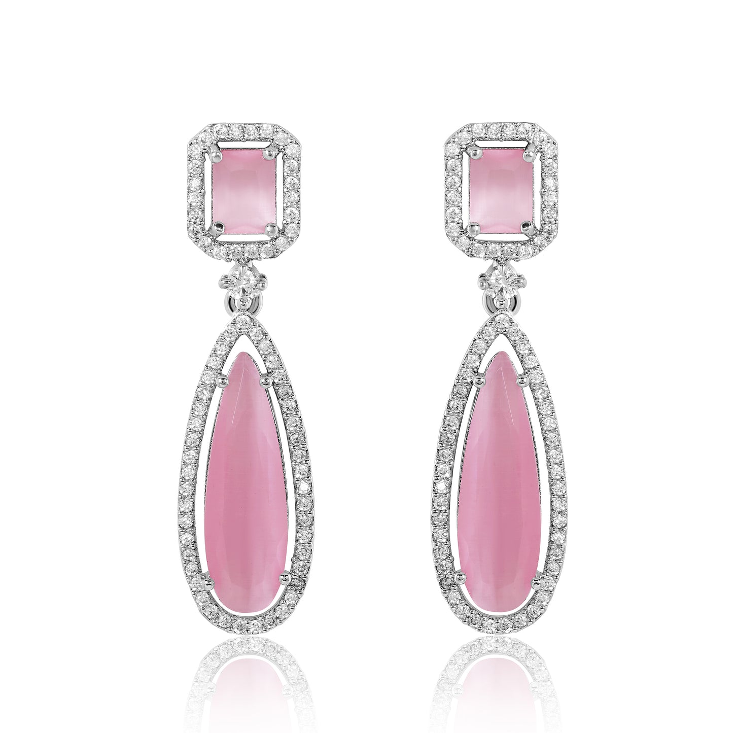 Pair of pink teardrop earrings with silver accents on a white background