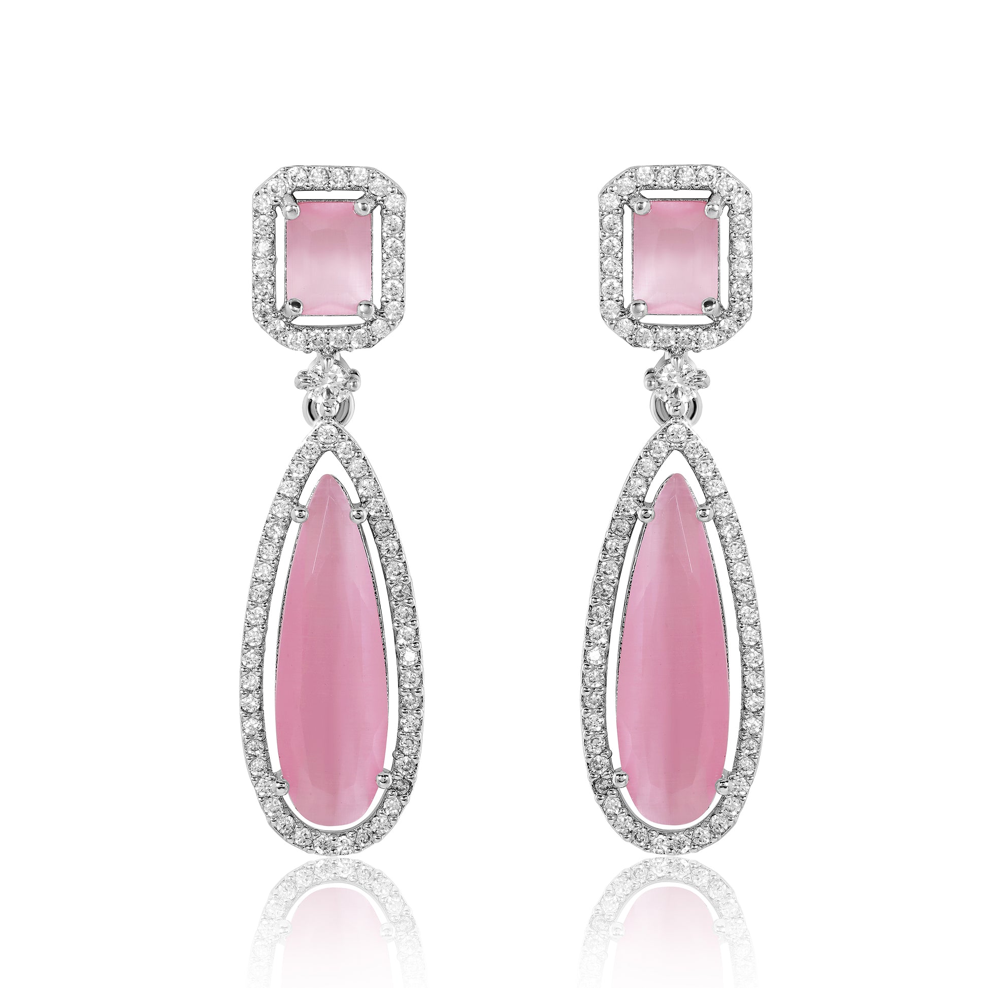 Pair of pink teardrop earrings with silver accents on a white background