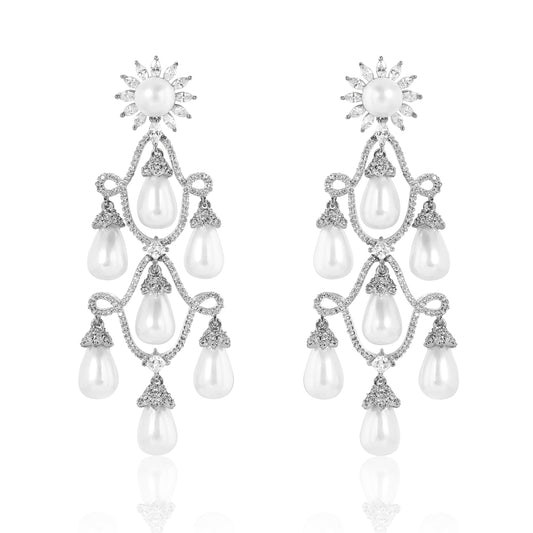 Chandelier Diamond Danglers - Silver & Pearl