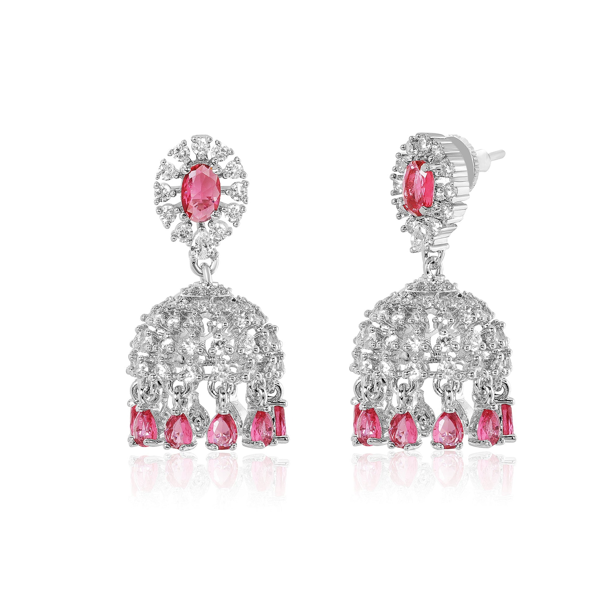 Silver earrings with pink gemstones on a white background