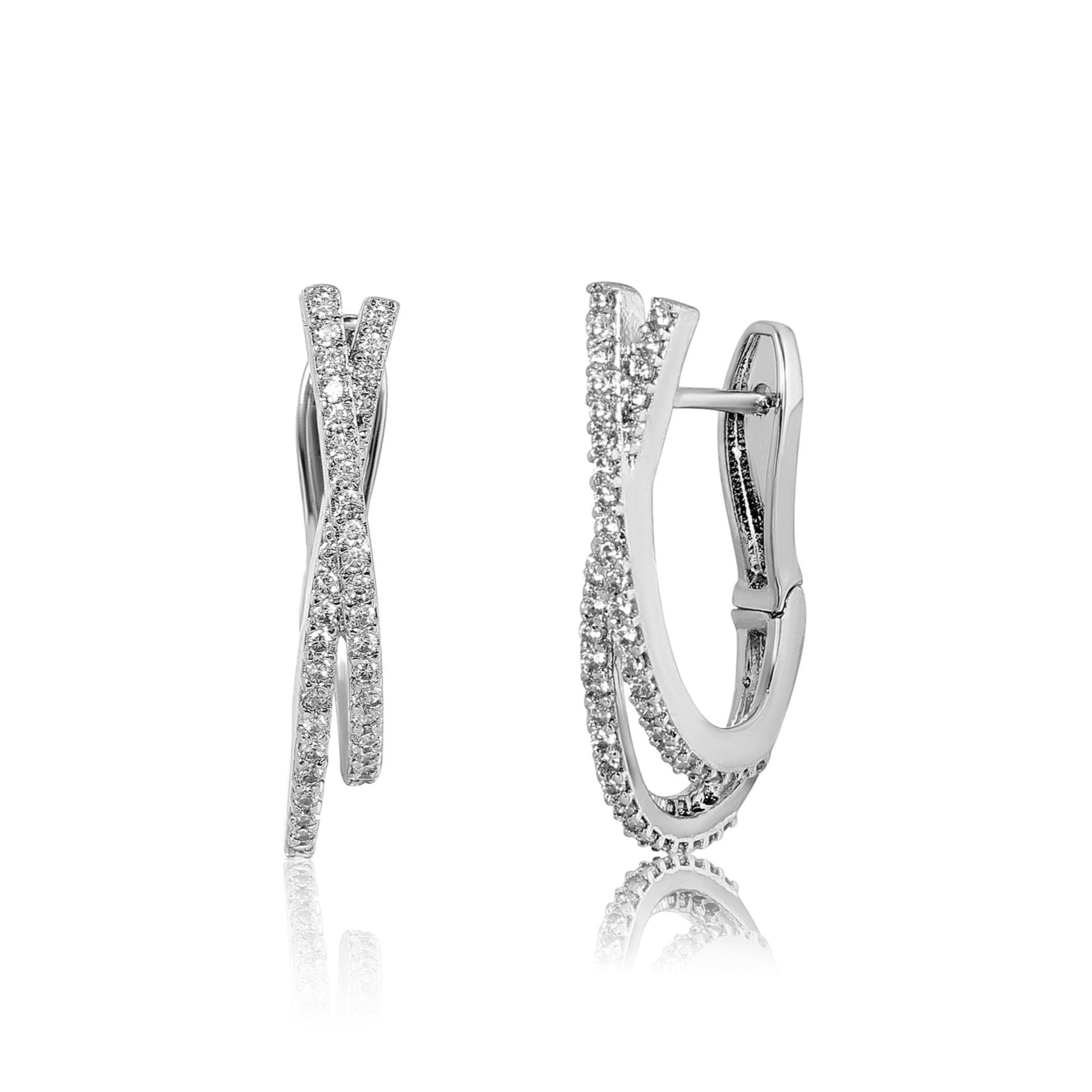 Pair of silver hoop earrings with small diamonds on a white background
