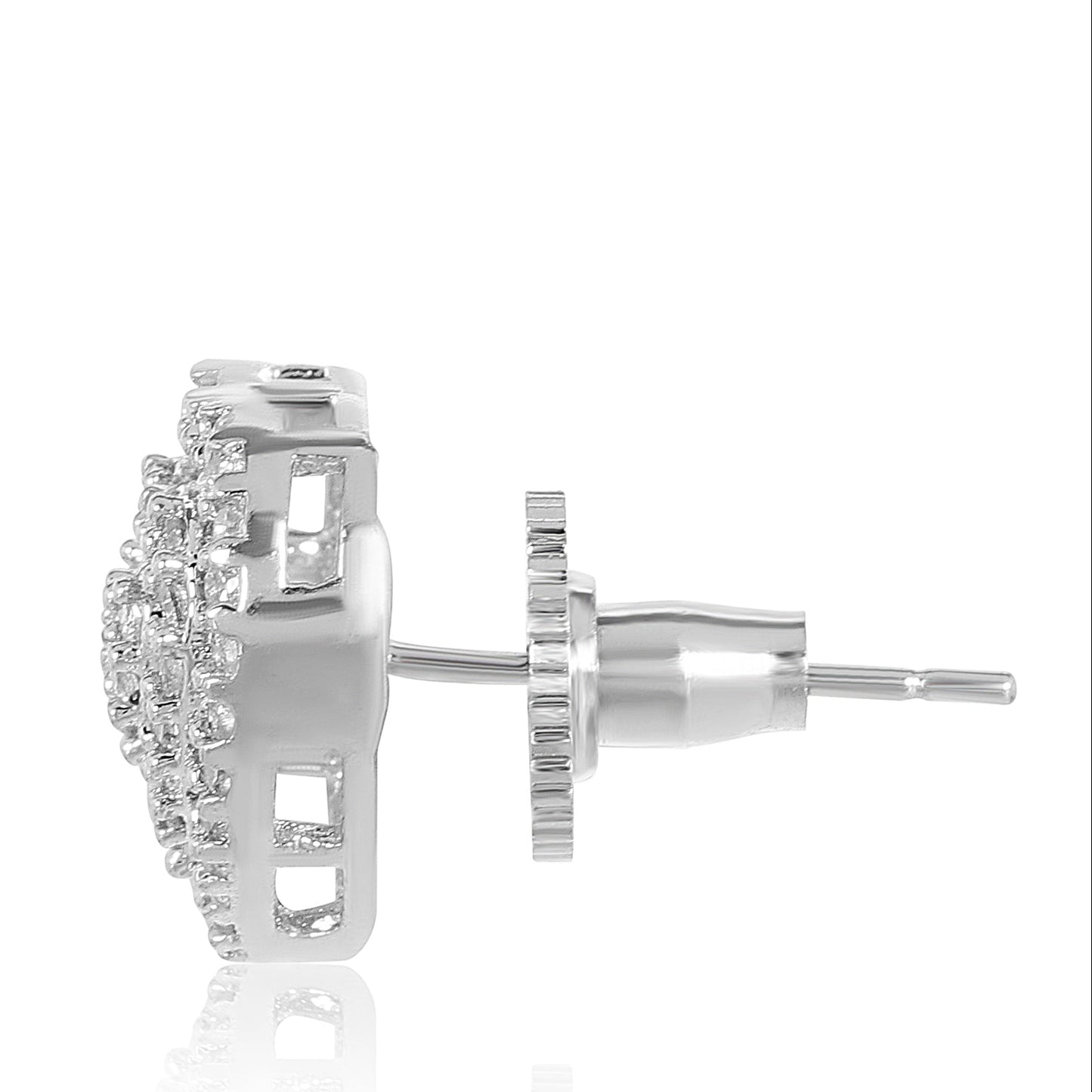 Heart-shaped silver earrings with clear gemstones on a white background