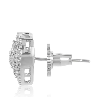 Heart-shaped silver earrings with clear gemstones on a white background