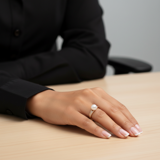 Hand wearing a ring with a white bead on a white background