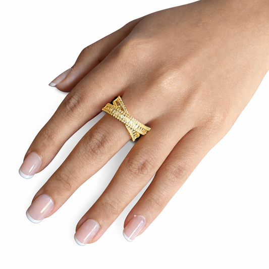 Gold ring on a hand with a white background