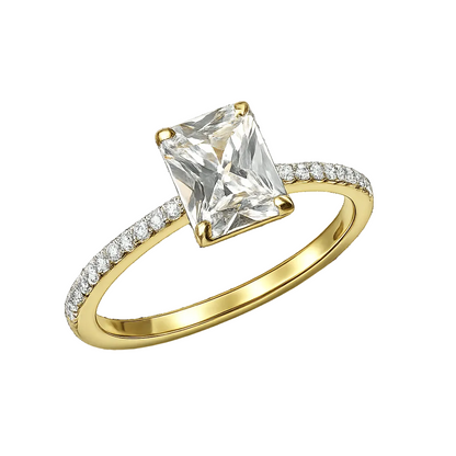 Gold ring with a large diamond and smaller diamonds on the band against a white background