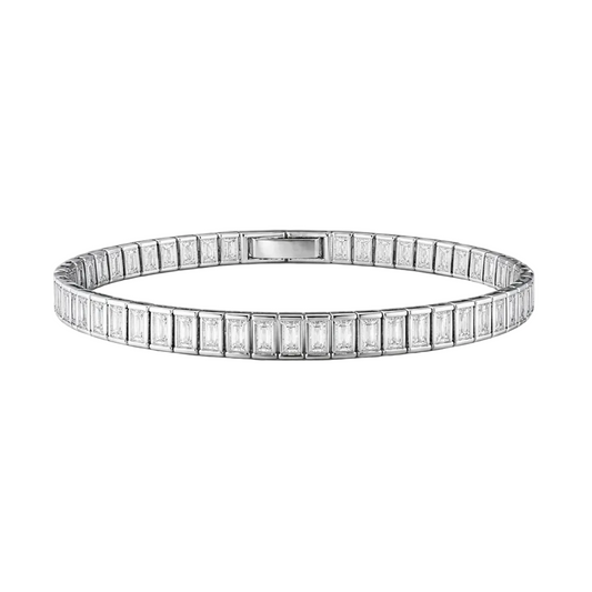 Silver bracelet with rectangular gemstones on a white background