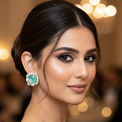 Pair of earrings with green gemstones and diamond-studded settings on a white background
