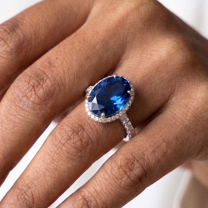 Sapphire Blue Oval Diamond Ring -  Silver