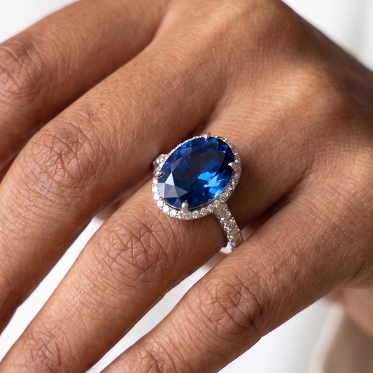 Sapphire Blue Oval Diamond Ring -  Silver