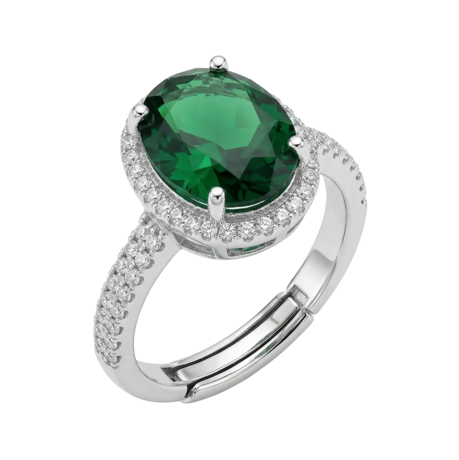 Silver ring with a large green gemstone on a white background