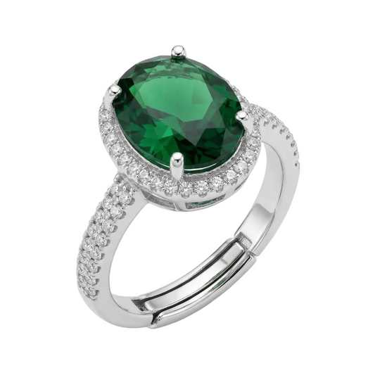 Silver ring with a large green gemstone on a white background