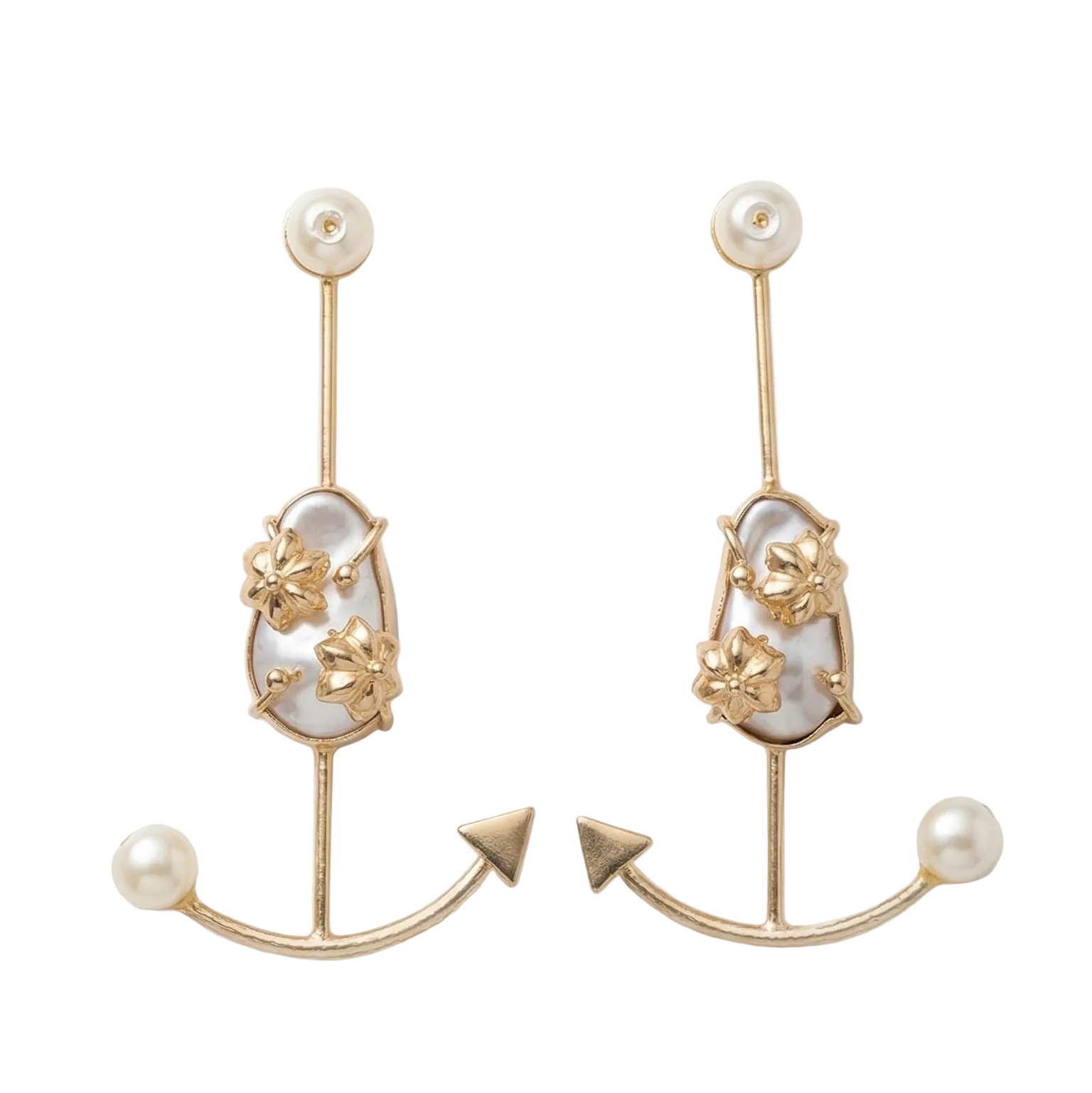 Pair of gold earrings with pearl accents on a white background