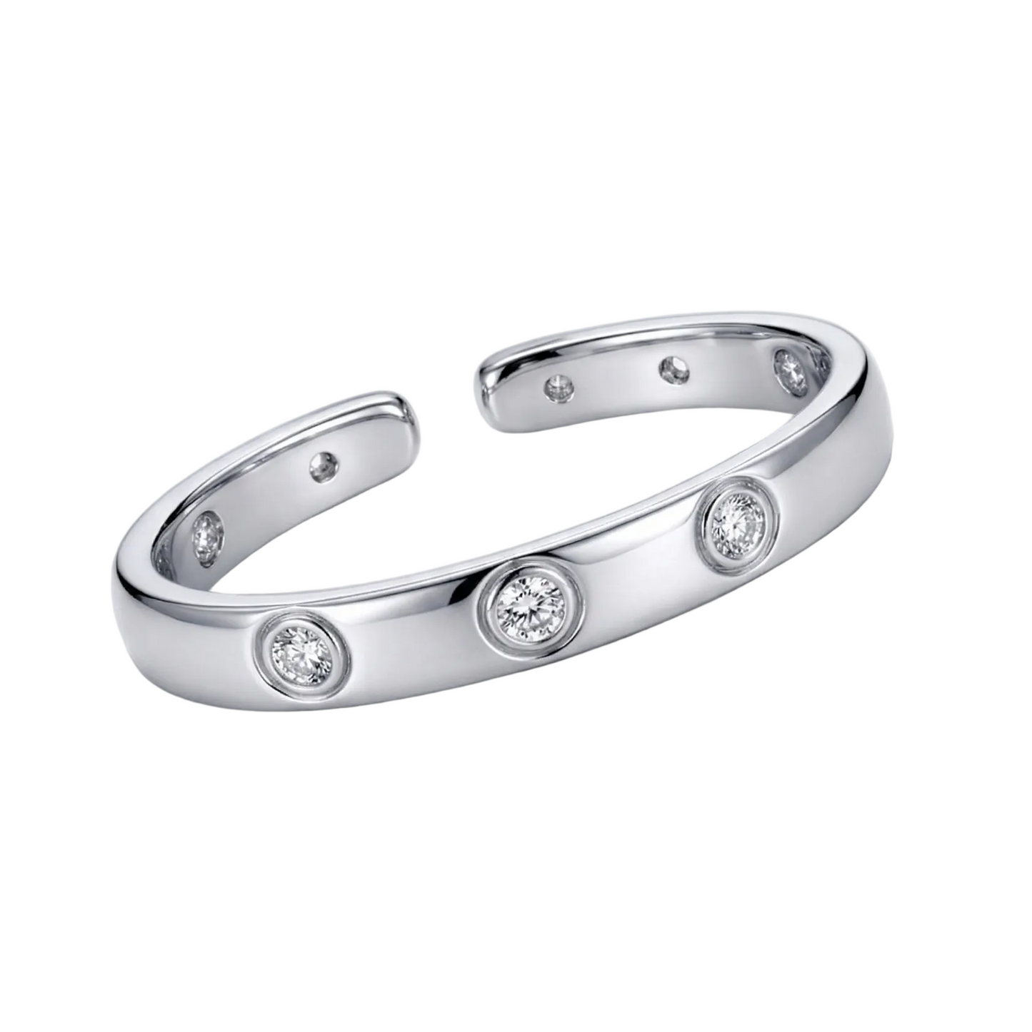 Silver bracelet with embedded diamonds on a light gray background