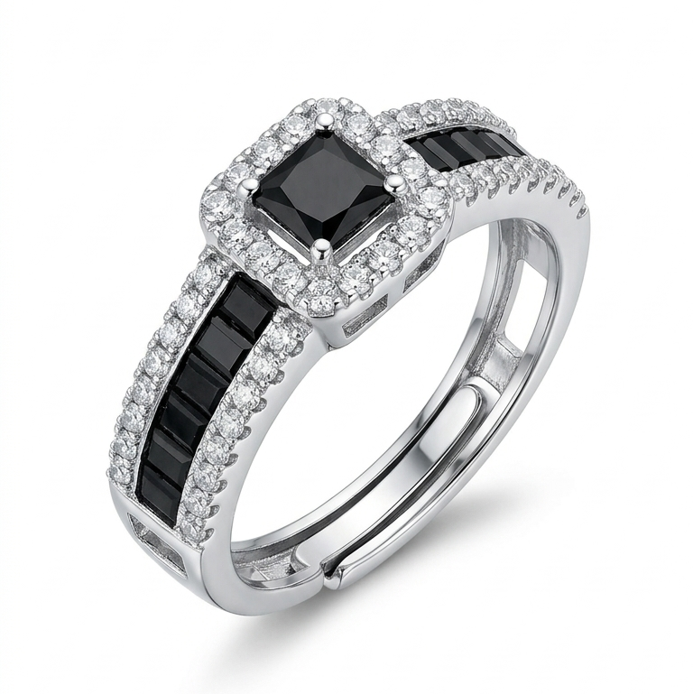 Black Emerald cut stones and Diamond Ring