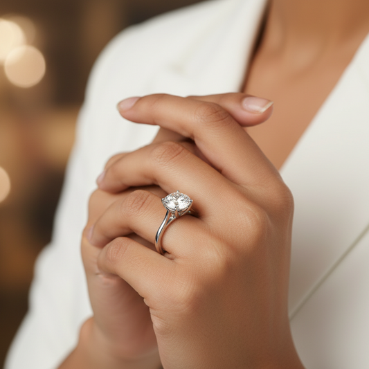 Close-up of a hand wearing a diamond ring with a blurred background