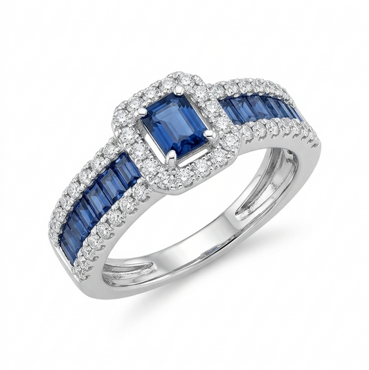 Blue Emerald cut stones and Diamond Ring