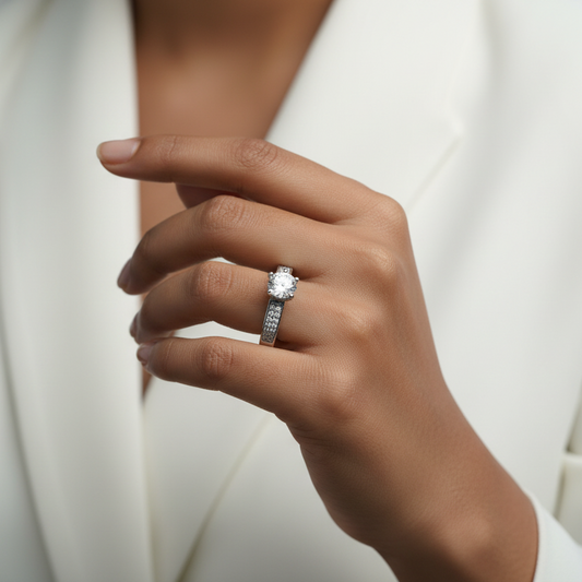 Hand wearing a diamond ring with a blurred white background