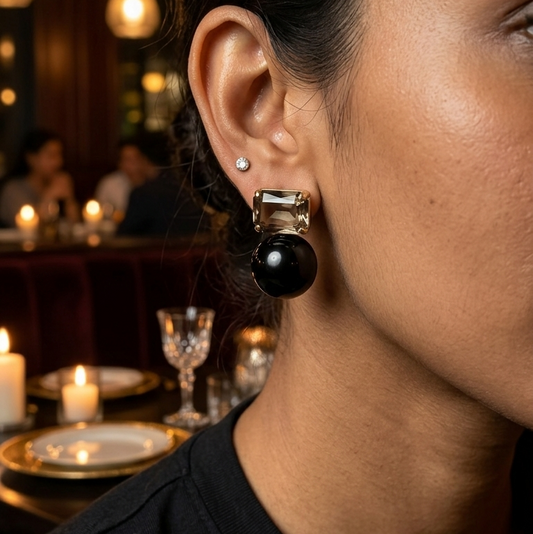 Black Stone & Pearl Studs - Gold