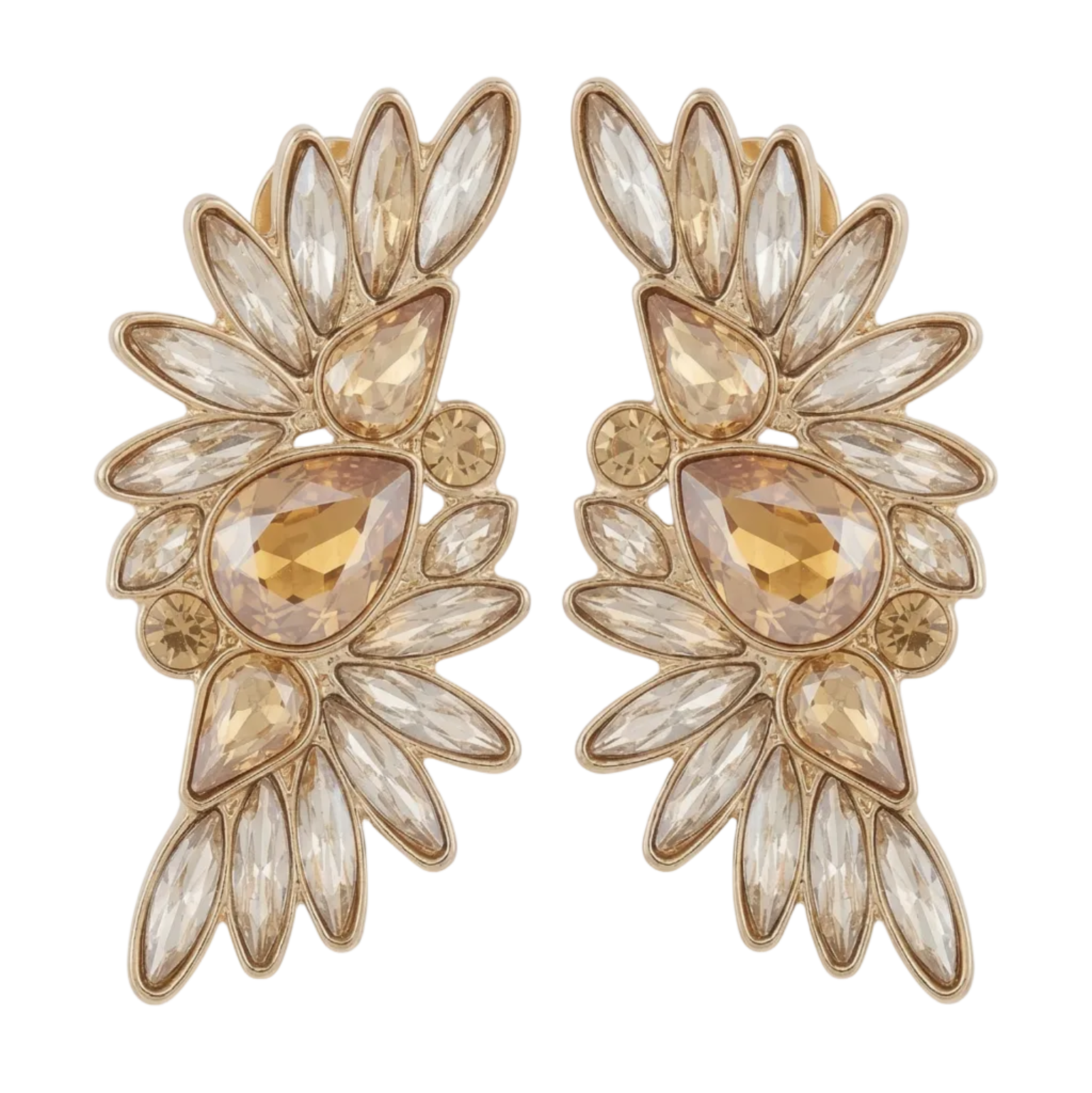 Pair of gold and crystal earrings on a white background