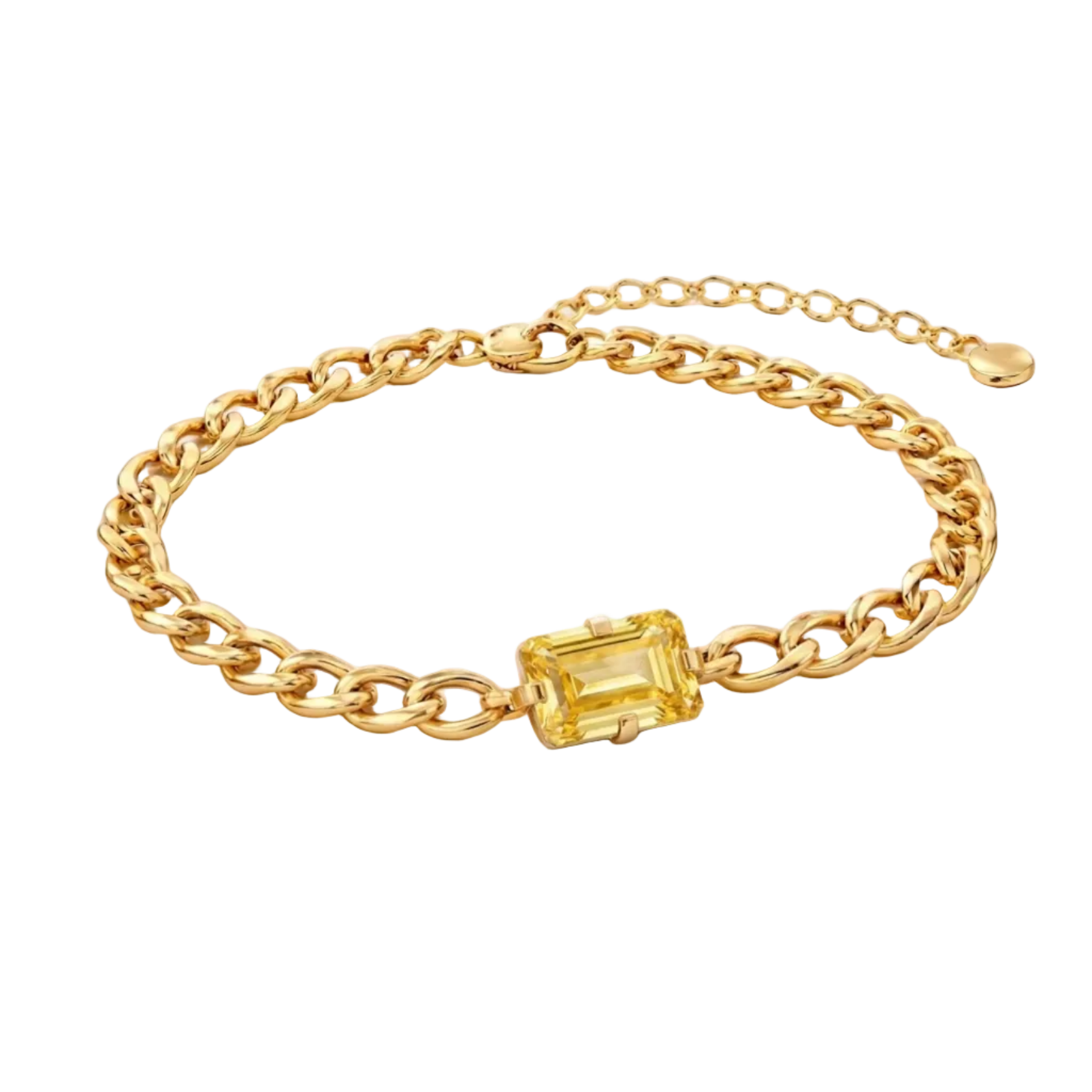 Gold chain bracelet with a yellow gemstone on a white background