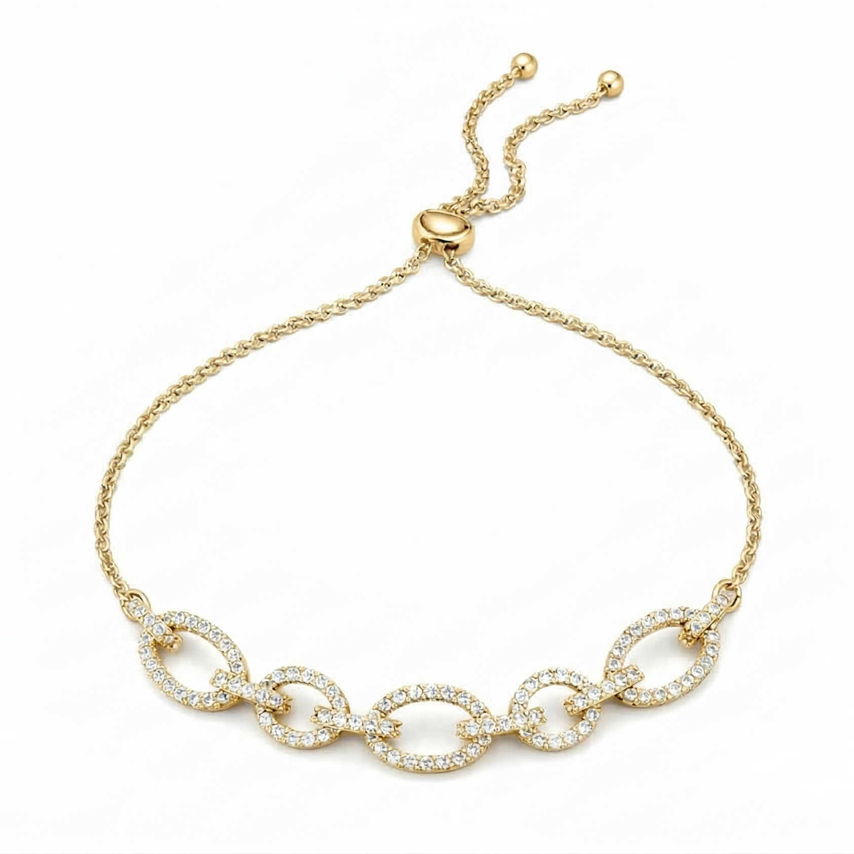 Gold bracelet with interlocking links on a white background