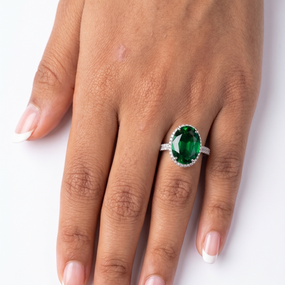 Emerald Green Oval Diamond Ring -  Silver