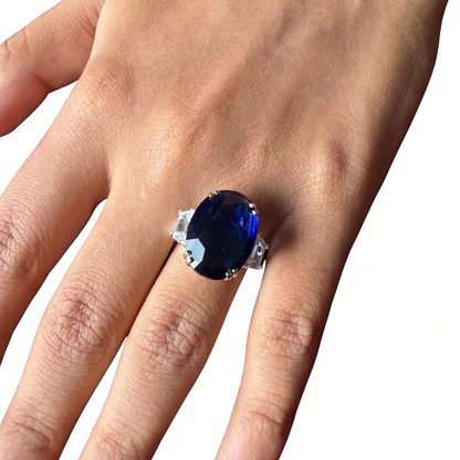 Sapphire Blue Oval Diamond Ring -  (Silver-Big)