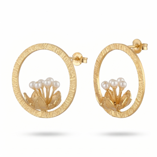 Gold hoop earrings with pearl-like embellishments on a white background