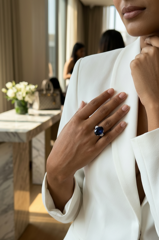 Sapphire Blue Oval Diamond Ring -  (Silver-Big)