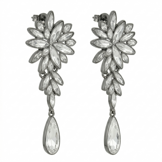 Swarovski stone Silver Floral Danglers