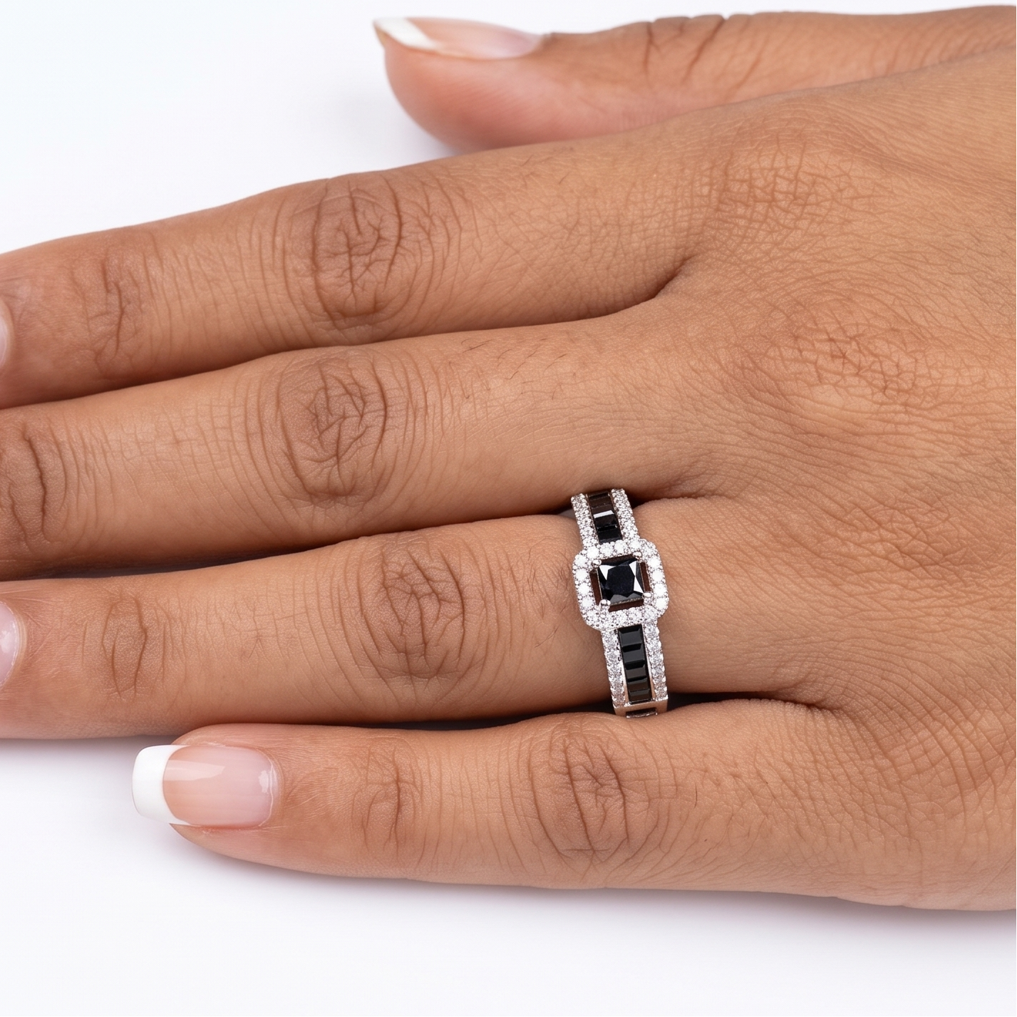 Black Emerald cut stones and Diamond Ring