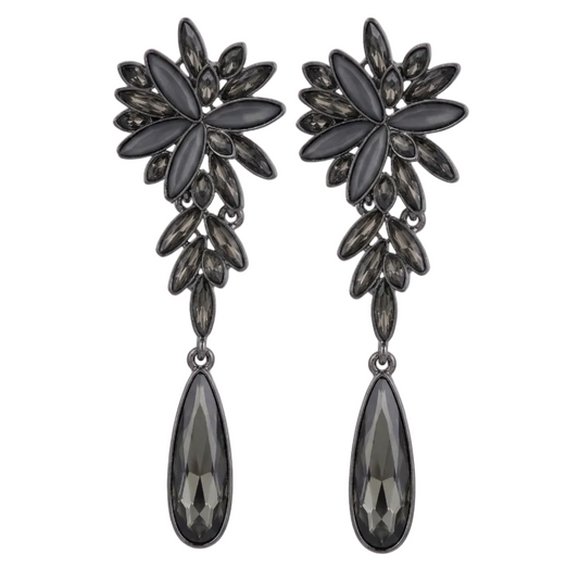Pair of black floral earrings with teardrop-shaped drops on a white background
