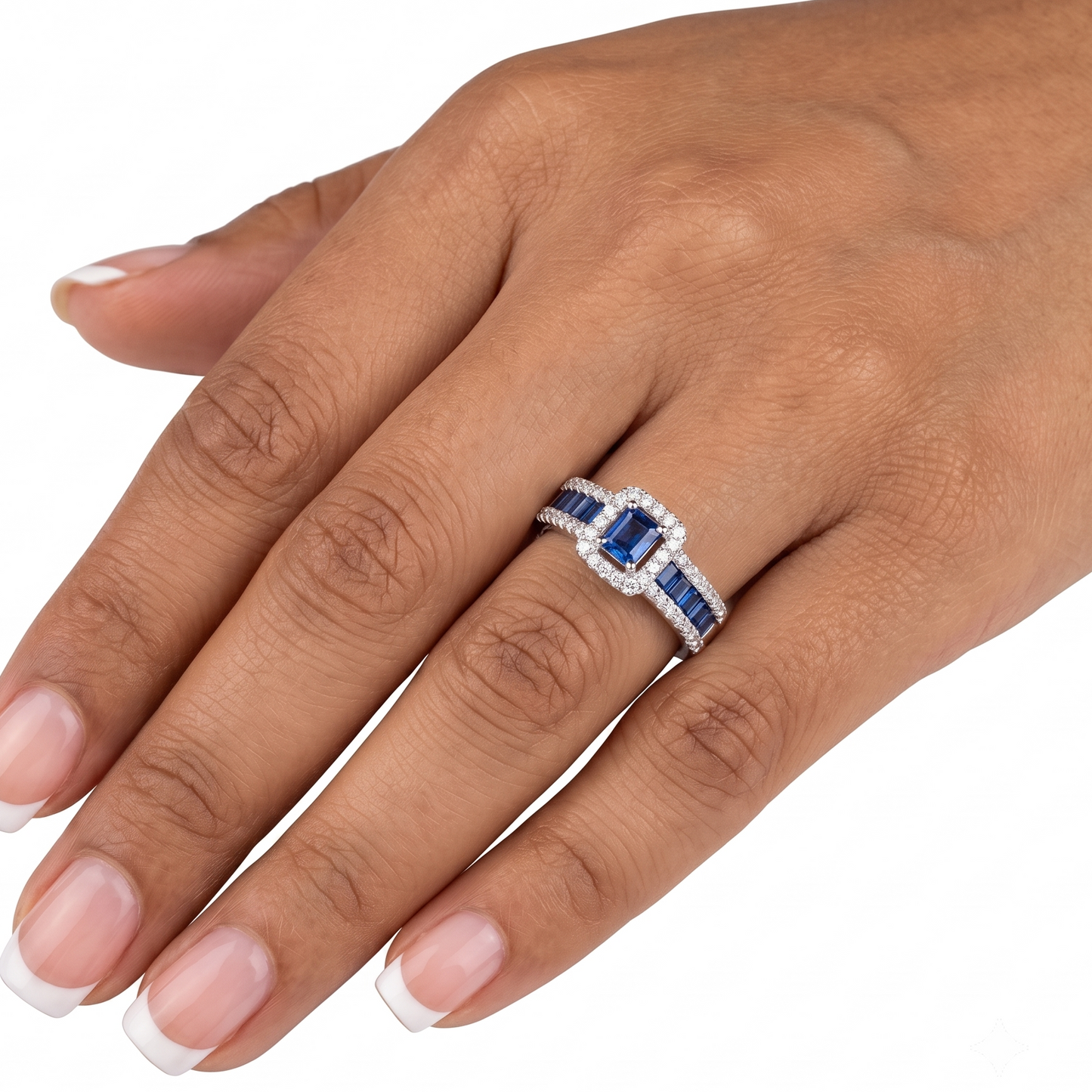 Blue Emerald cut stones and Diamond Ring