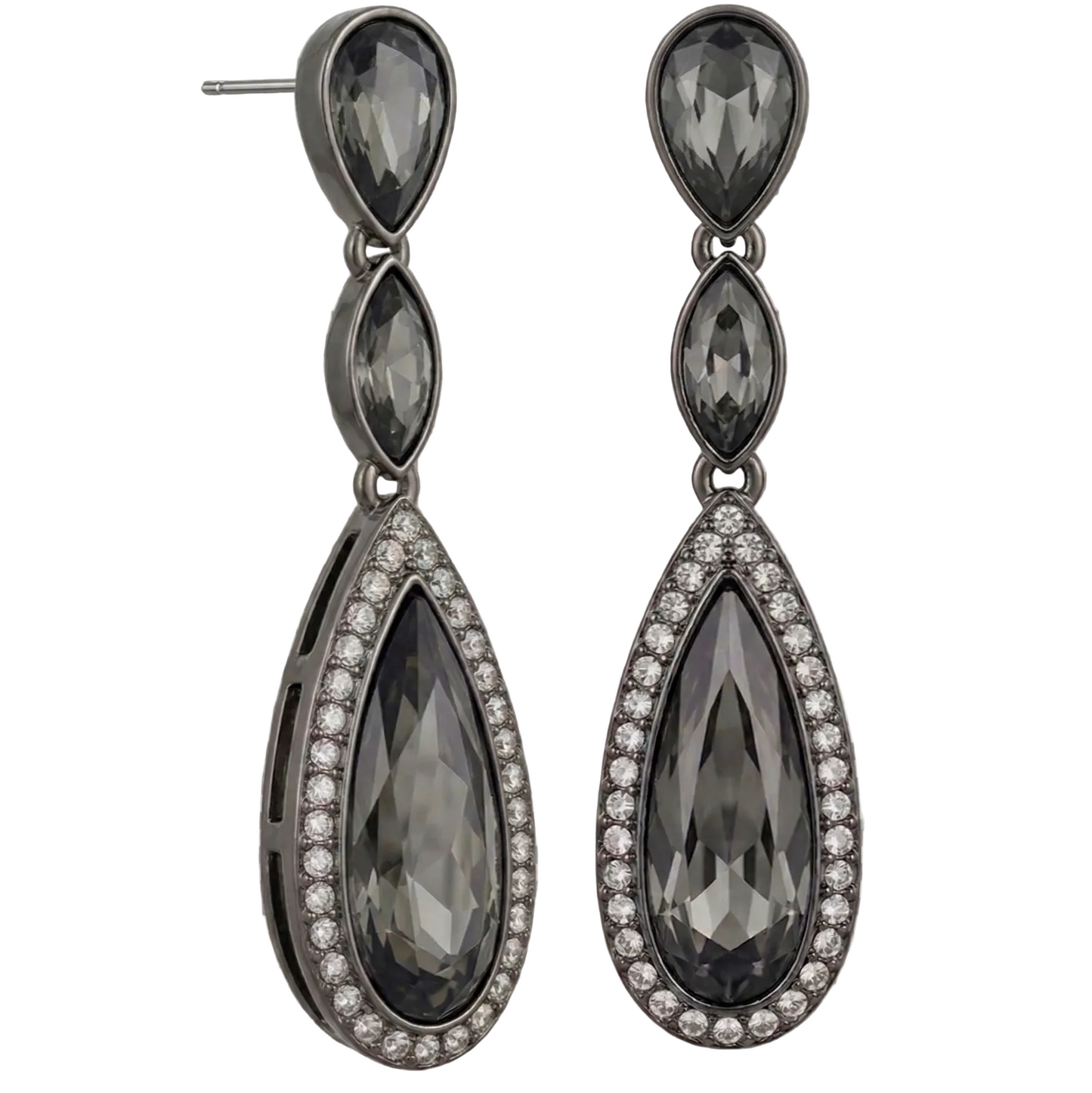 Pair of teardrop-shaped earrings with dark gemstones on a transparent background